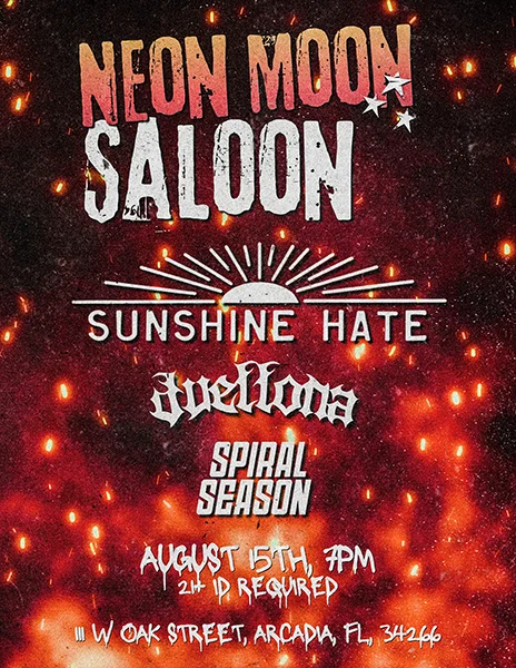 Promotional flyer for a Duellona live performance on August 15 at Neon Moon Saloon in Arcadia, Florida.