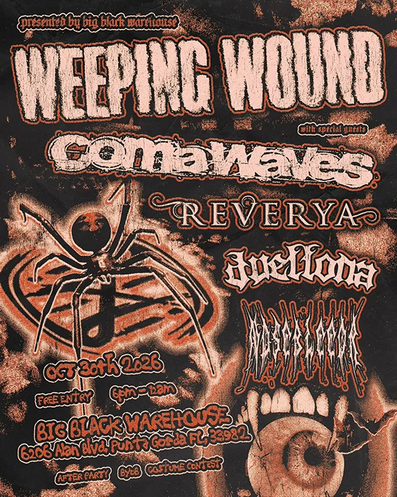 Promotional flyer for a Duellona live performance on October 30 at Big Black Warehouse in Punta Gorda, Florida with Halloween theme and costume contest.